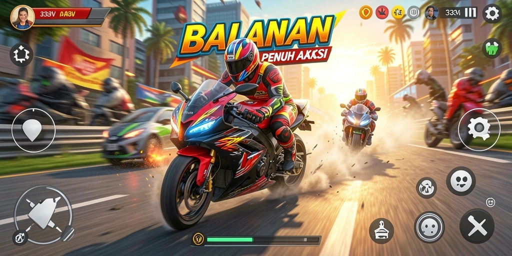 Screenshot 333V menampilkan aksi balapan motor yang mendebarkan.