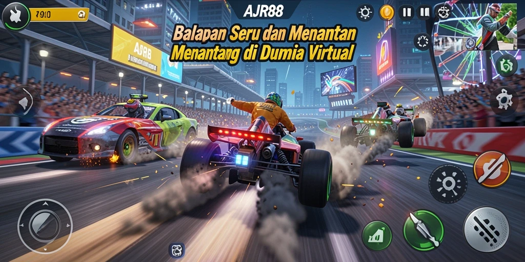 Screenshot menunjukkan balapan menegangkan dengan kendaraan berkecepatan tinggi.