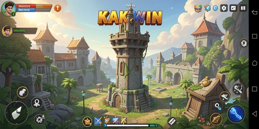 Tangkapan layar gameplay KAKWIN yang menampilkan strategi pertahanan menara.