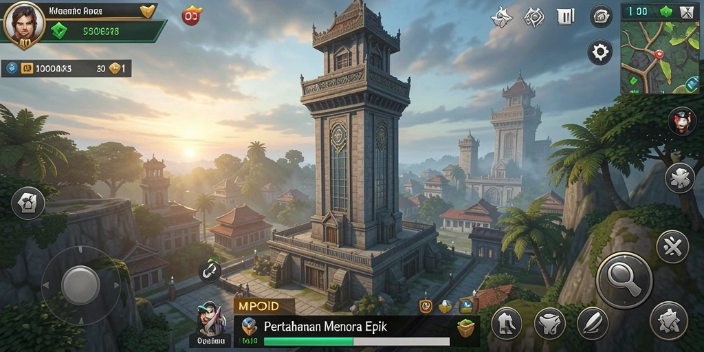 Tampilan utama gameplay MPOID dengan menara yang siap bertahan.