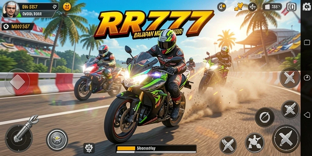 Screenshot gameplay RR777 menampilkan balapan motor yang seru dan cepat.