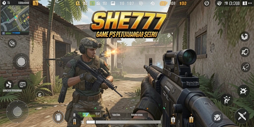 Tampilan gameplay mendebarkan di SHE777 dengan aksi tembak-menembak yang intens.