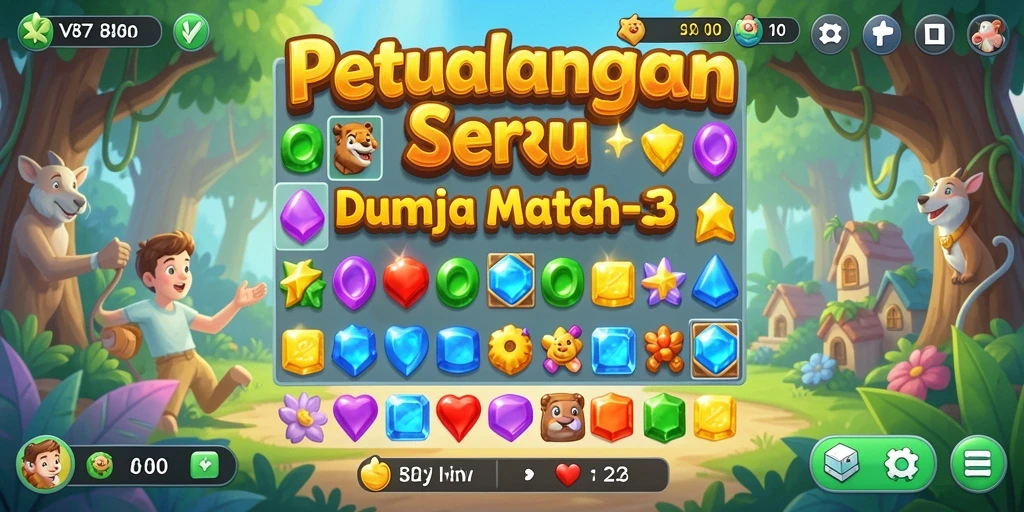 Tampilan gameplay seru V87 yang penuh warna dan tantangan Match-3.